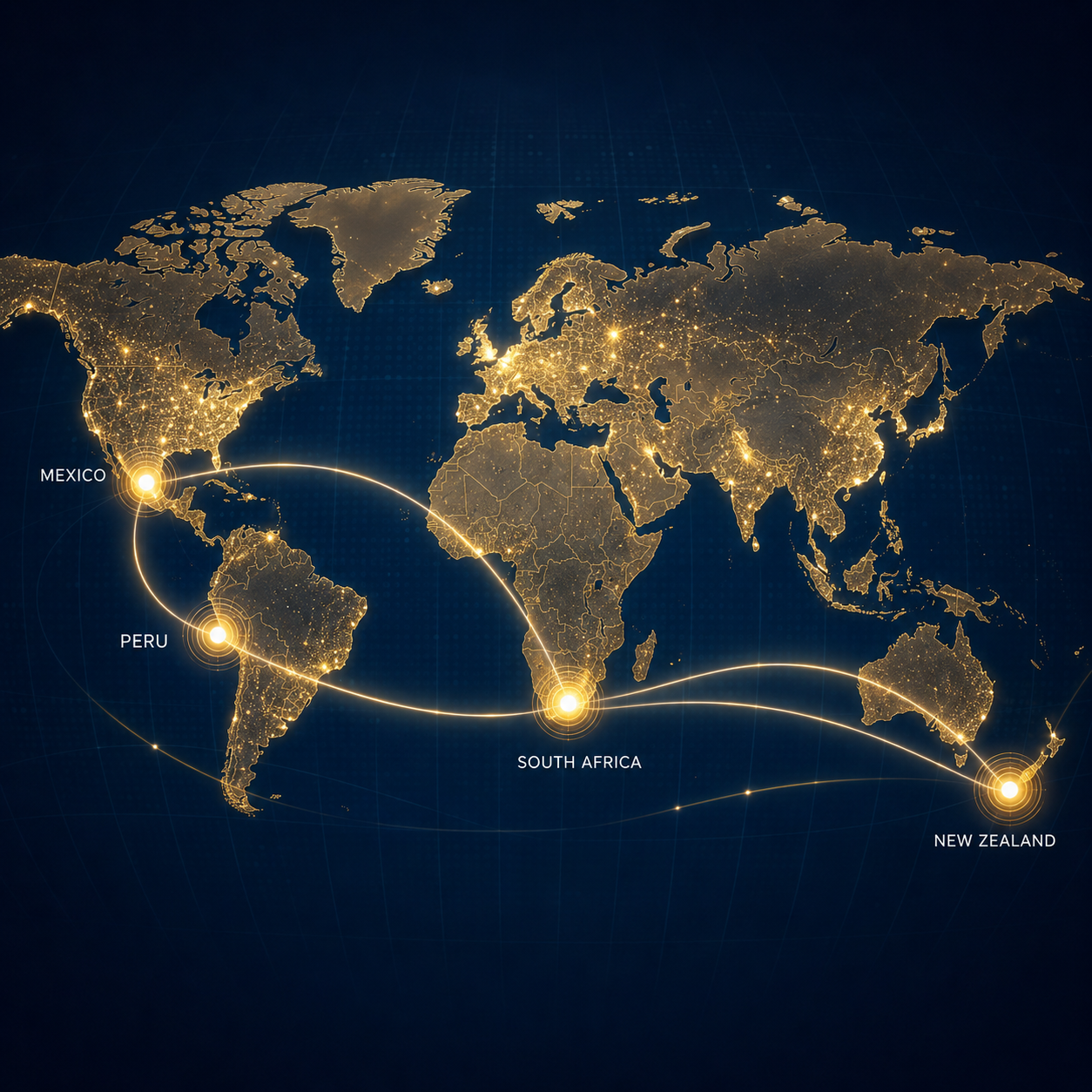 Carte mondiale avec points de connexion sur le Mexique, le Pérou, l'Afrique du Sud et la Nouvelle-Zélande reliés par des routes maritimes et aériennes