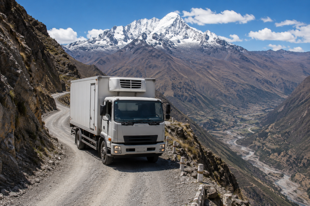 Camion réfrigéré sur une route andine avec sommets enneigés en arrière-plan
Vue aérienne d'une ville andine péruvienne entourée de montagnes illustrant la complexité logistique
