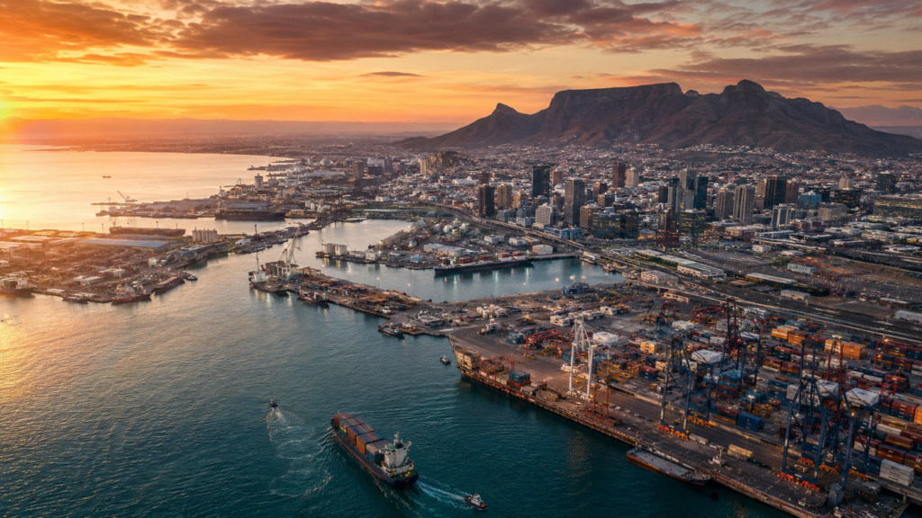 Hub logistique moderne en Afrique du Sud avec camions frigorifiques et entrepôts
Vue aérienne d'une ville portuaire sud-africaine au coucher du soleil