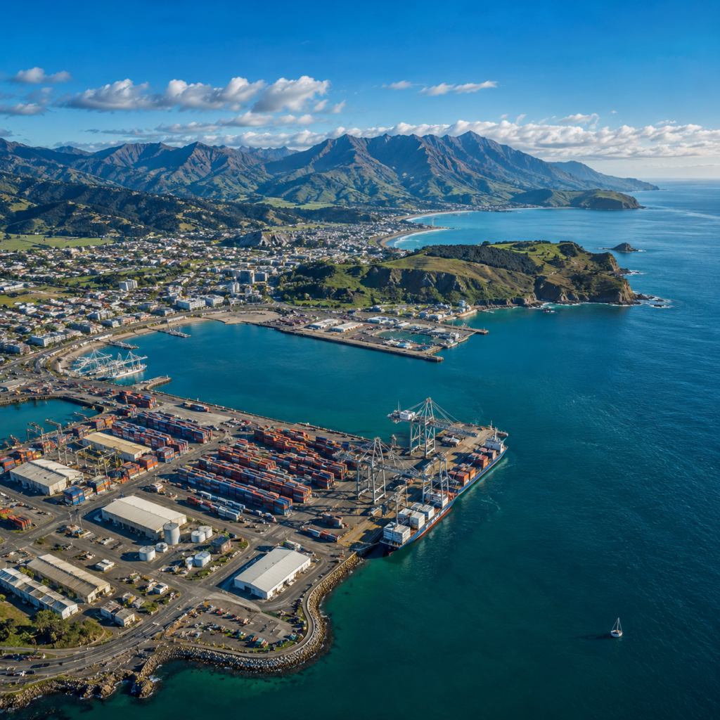 Vue aérienne du littoral néo-zélandais avec infrastructure portuaire moderne