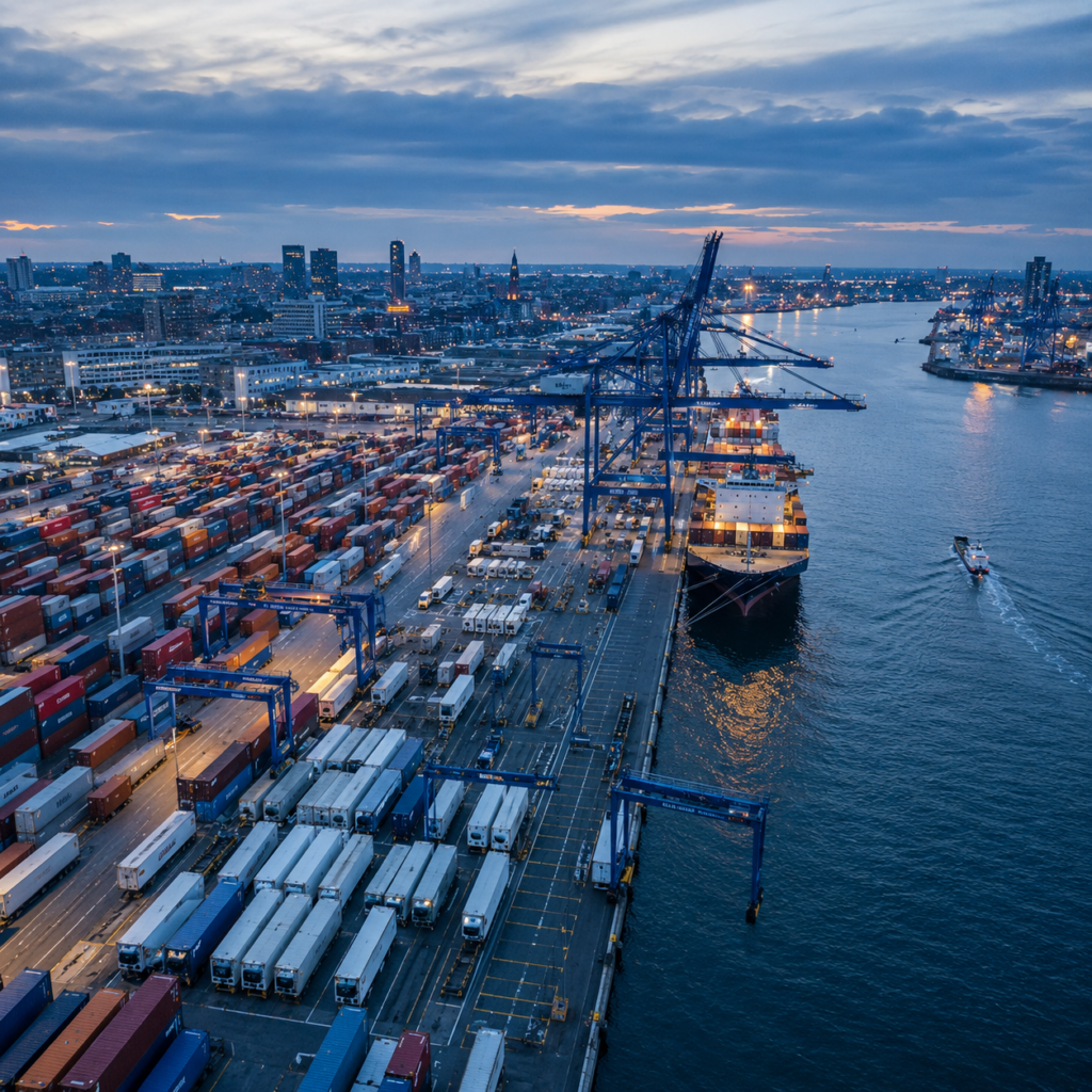 An aerial view of a major European port with cargo containers and refrigerated transport units, suggesting international cold chain trade. Cool blue tones, cinematic atmosphere, no visible brand logos.