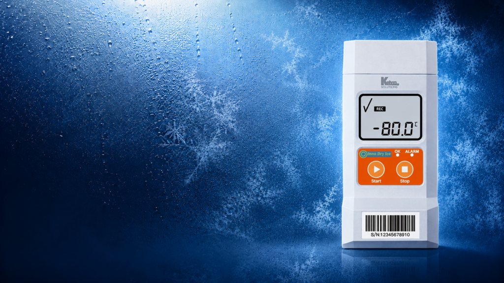 Innolog Dry Ice – enregistreur de température à usage unique affichant -80°C sur écran LCD, certifié IATA, sur fond givré bleu